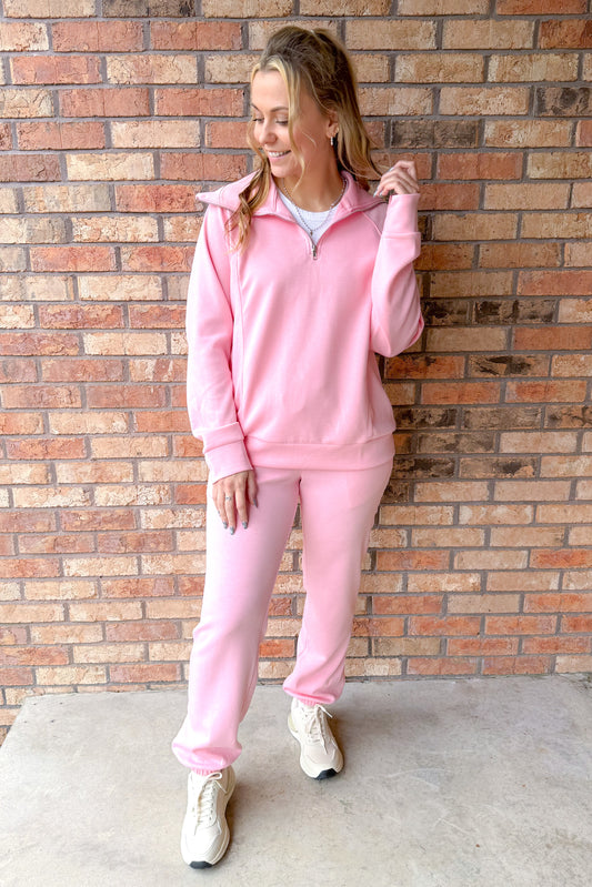 New Horizons Quarter Zip Pullover and Jogger Modal Travel Set, Blush Pink