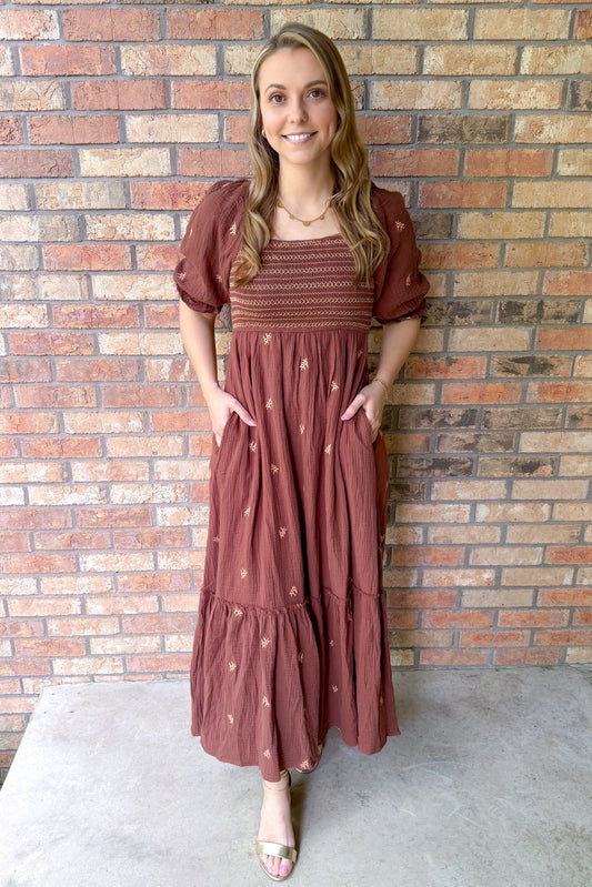 Delilah Embroidered Cotton Gauze Smocked Dress, Coconut