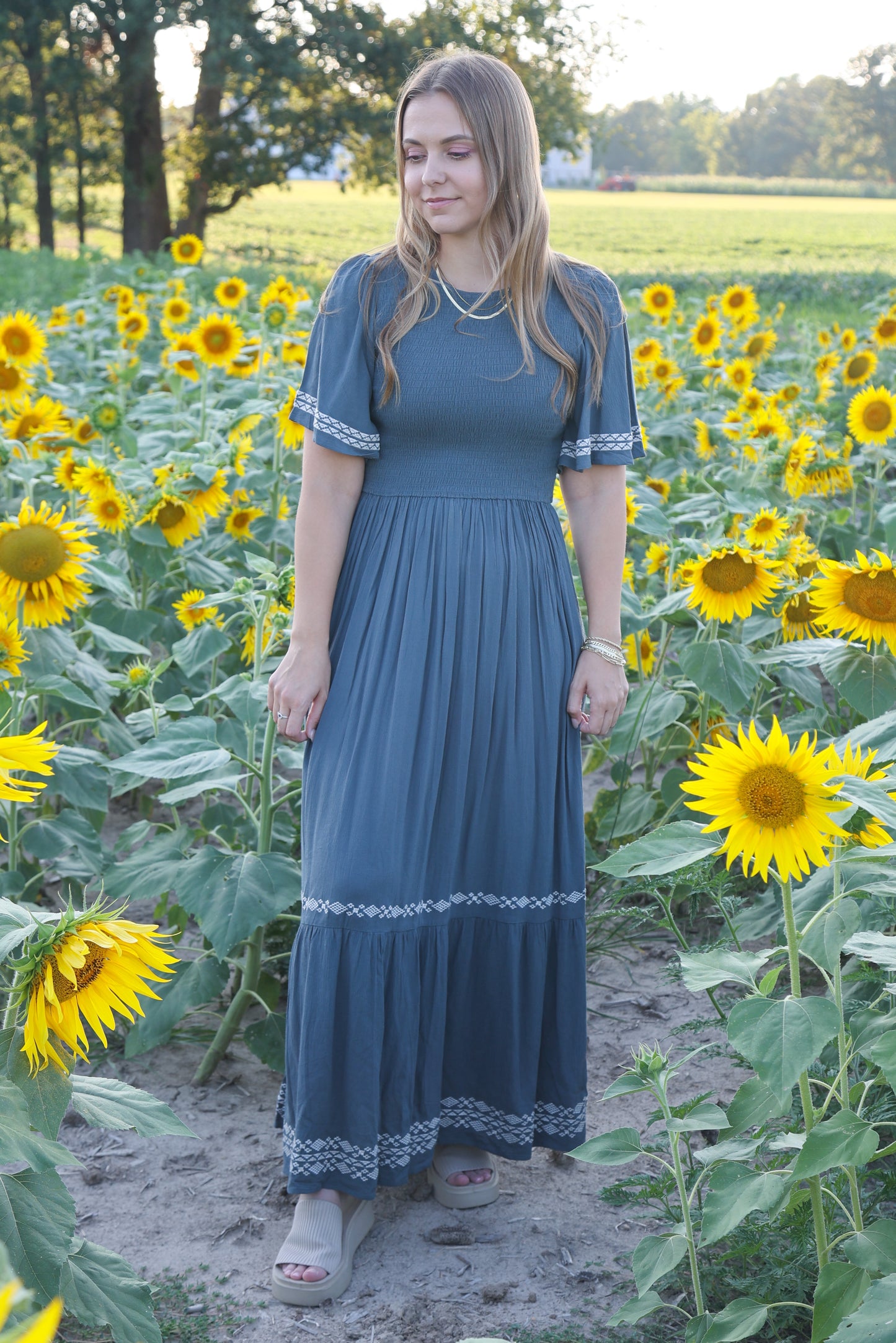 You Belong With Me Smocked Flutter Sleeve Dress, Charcoal Teal