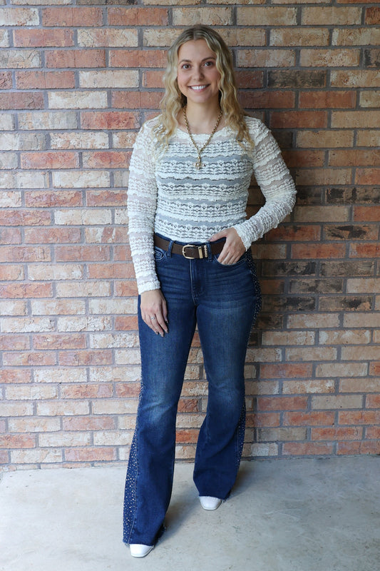 Lady Lux Ruffles Detail Flower Lace Sheer Top, Cream