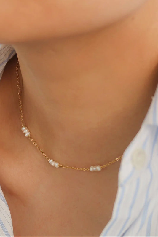 Layla Petite Multi Pearl Choker 18K Gold Plated Stainless Steel Necklace, Gold