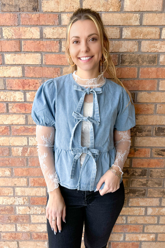 No Doubt Puff Sleeve Tie Front Denim Peplum Top, Light Wash