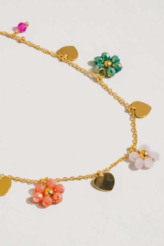 Hello Miss Flower & Hearts 18K Gold Plated Stainless Steel Necklace, Gold