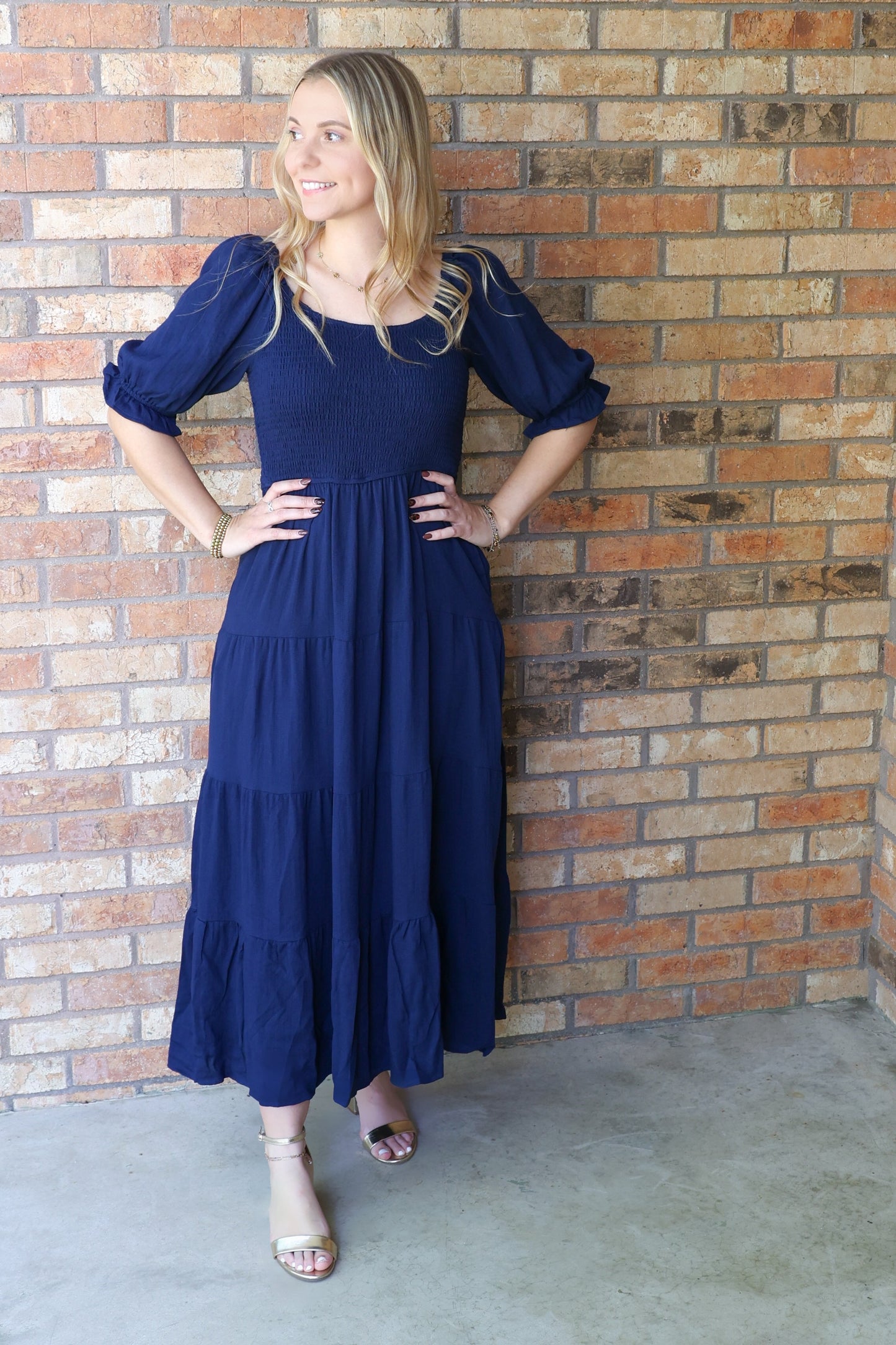 Jolene Smocked Tiered Maxi Dress, Classic Navy