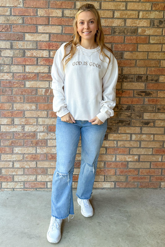 God Is Good Embroidered Sweatshirt, Cream