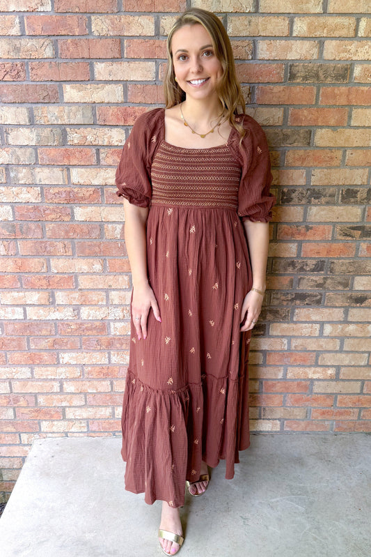 Delilah Embroidered Cotton Gauze Smocked Dress, Coconut