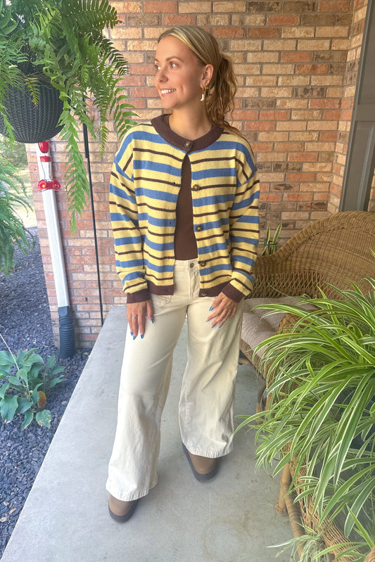 Don't Dream It's Over Striped Button Down Sweater Cardigan, Lemon/Multi