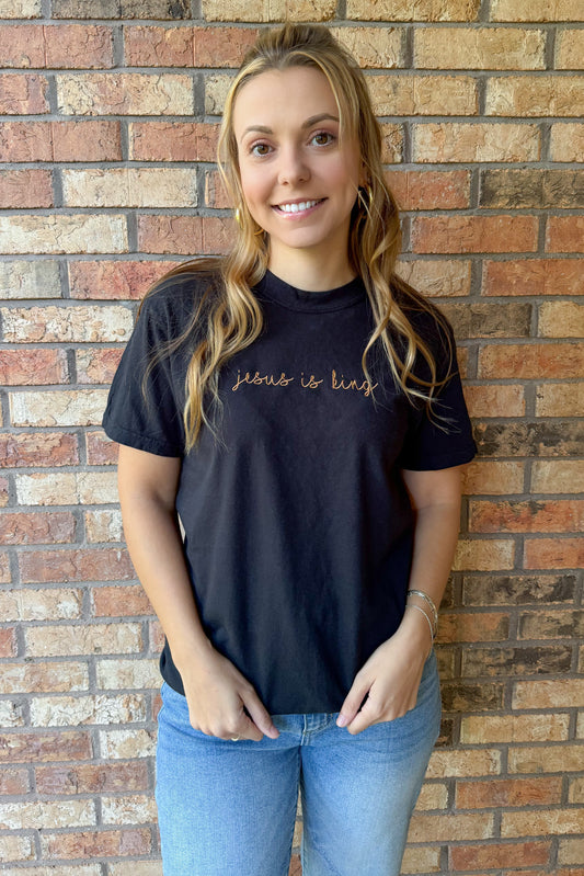 Jesus Is King Embroidered Comfort Colors Tee, Black