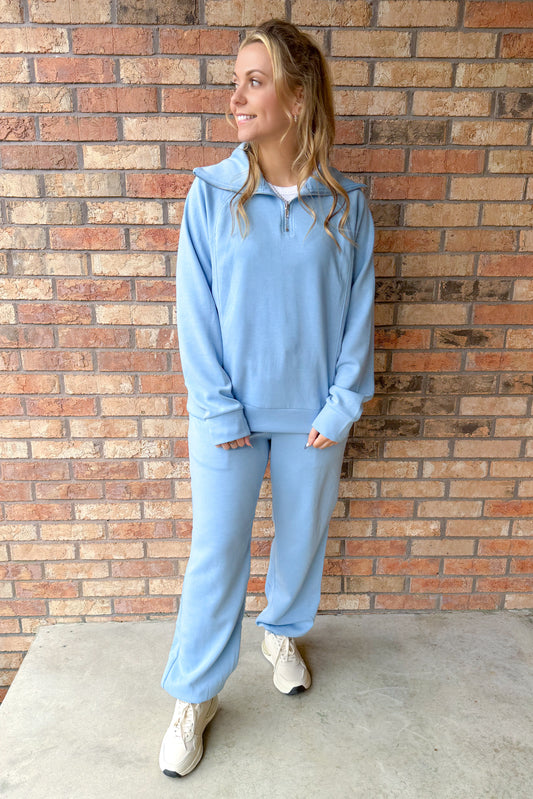 New Horizons Quarter Zip Pullover and Jogger Modal Travel Set, Capri Blue