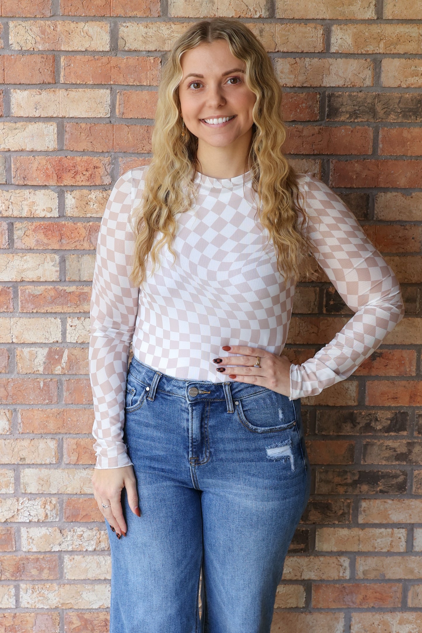 Cool Confidence Checkered Mesh Mock Neck Top, Khaki