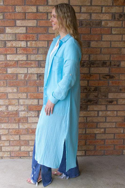 Soak Up The Sun Breathable Cotton Button-Down Duster, Aqua Breeze