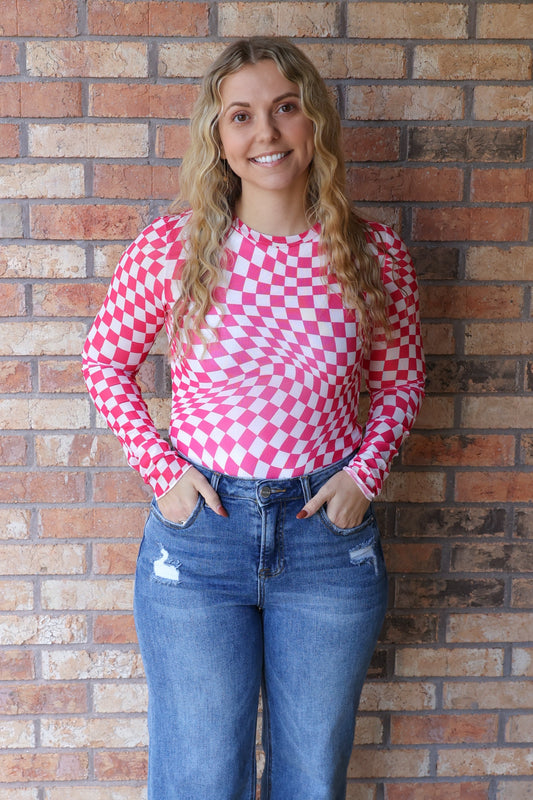 Cool Confidence Checkered Mesh Mock Neck Top, Pink