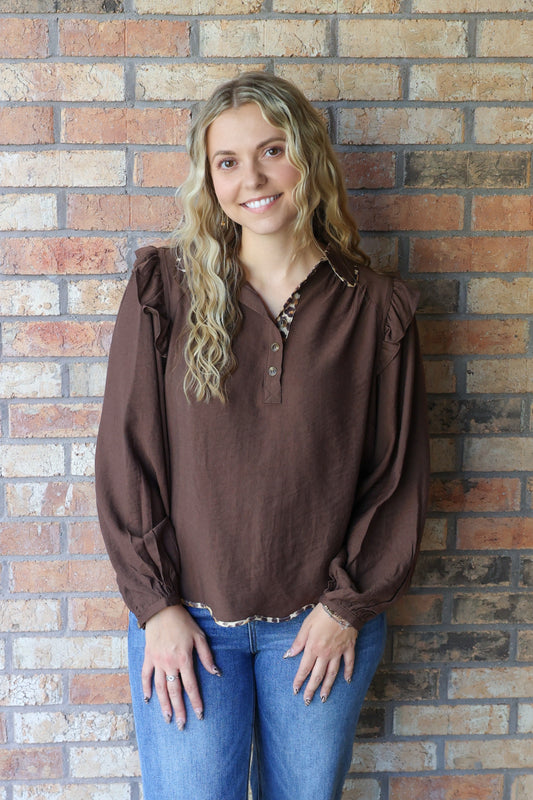Wild Nature Ruffle Shoulder Button Down Leopard Trim Top, Brown