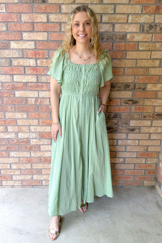 End of Beginning Shirred Bodice Button Down Maxi Dress, Mint Green