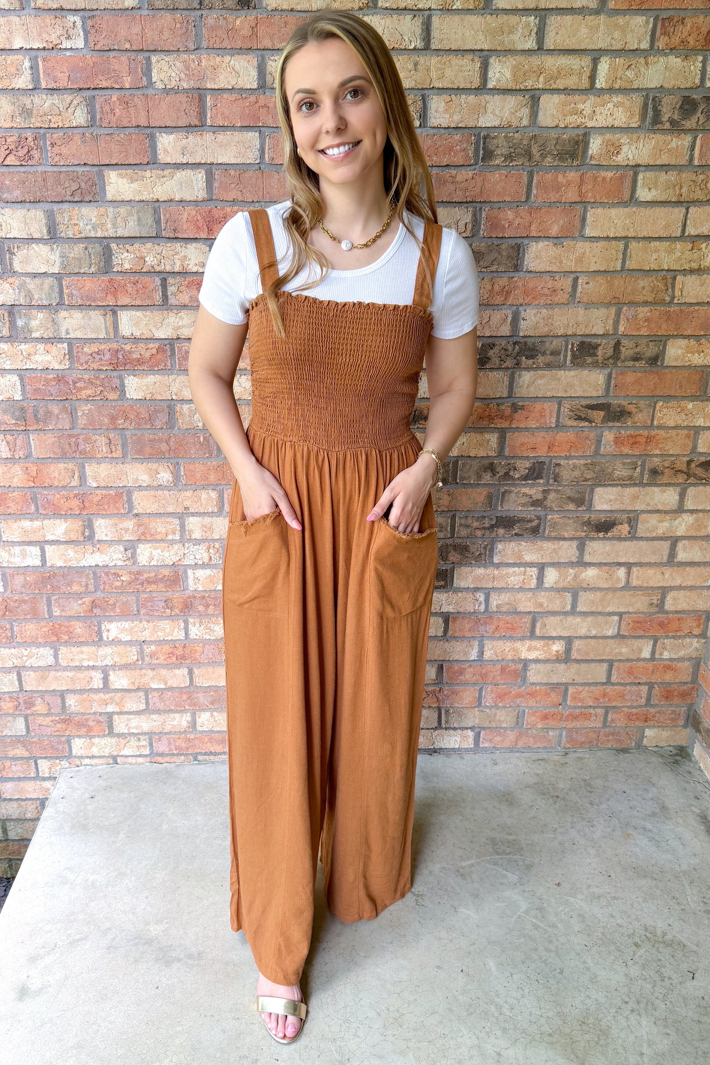 Sweet Paradise Smocked Jumpsuit, Wood