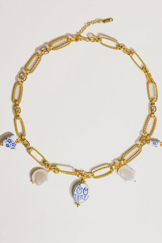 Reina Ceramic Floral Chain 18K Gold Plated Stainless Steel Necklace, Gold