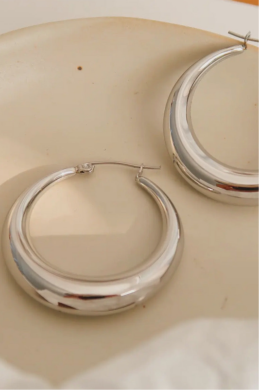 Classic 18K Gold Plated Stainless Steel Large Hoop Earrings, Silver