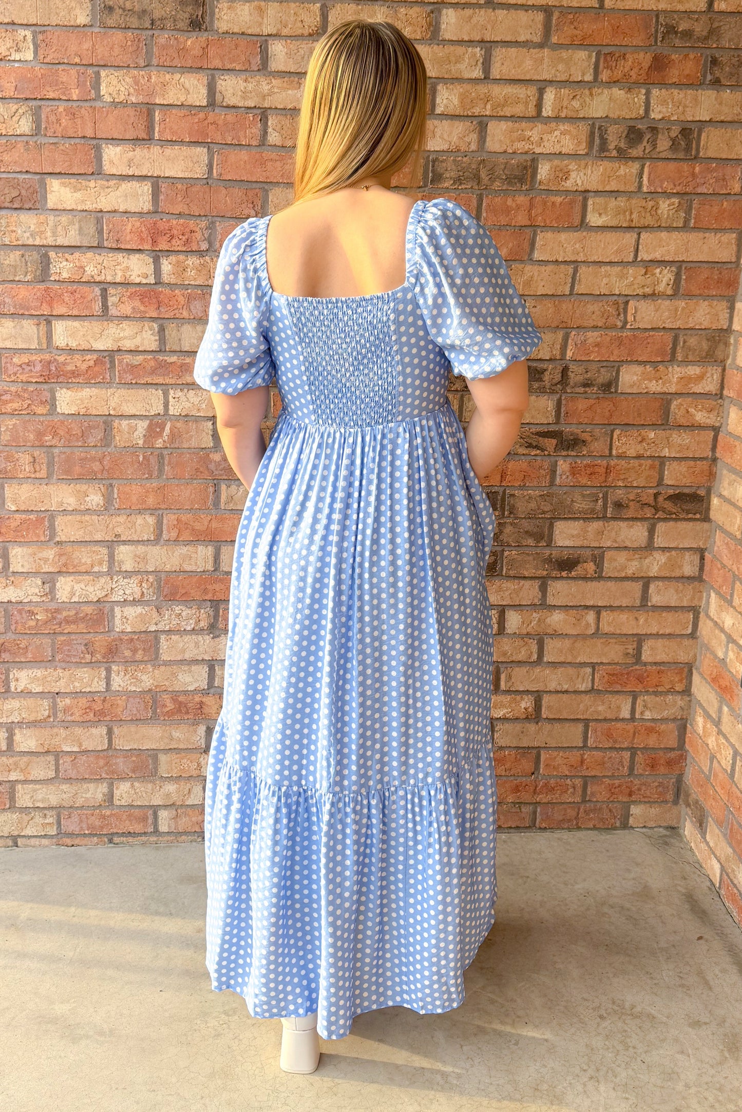 Just Say Yes Pleated Polka Dot Maxi Dress, Blue