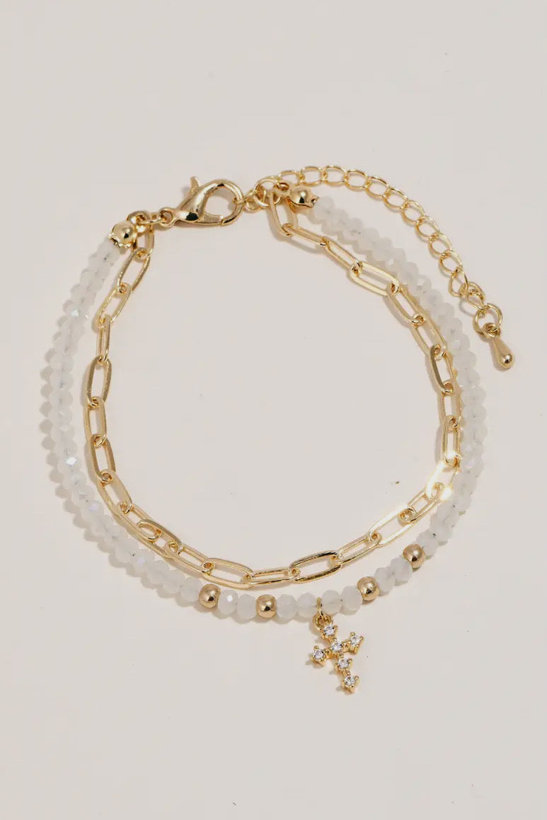 Studded Cross Charm Layered Bracelet, White