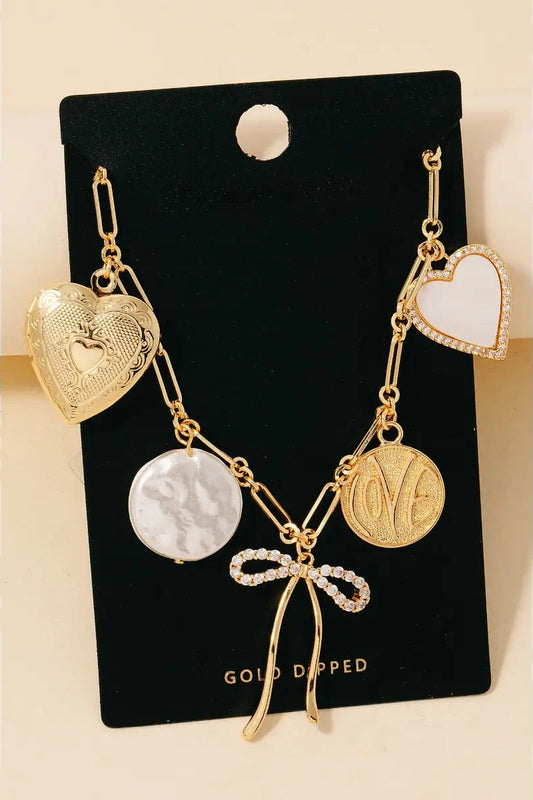 Gold Dipped Heart Ribbon and Pearl Coin Charms Necklace, Gold