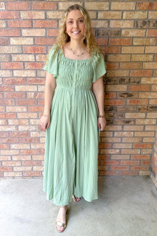 End of Beginning Shirred Bodice Button Down Maxi Dress, Mint Green