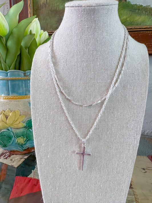 Cross Pendant Layered Chains Necklace, Silver