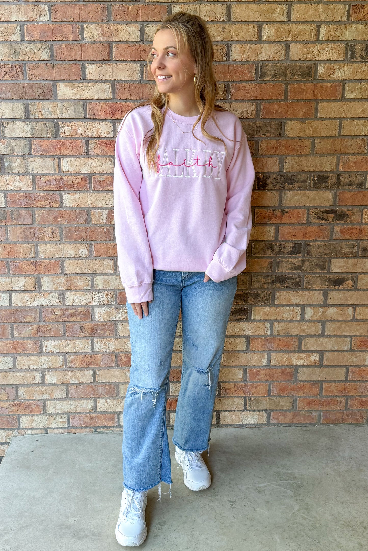 Walk By Faith Embroidered Crewneck Sweatshirt, Pink