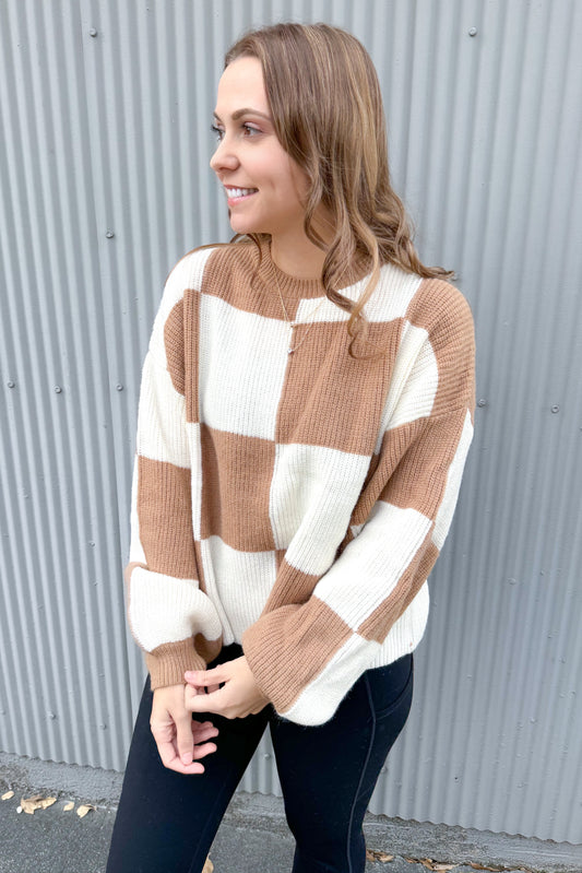 Checkmate Oversized Checkerboard Pullover, Wood