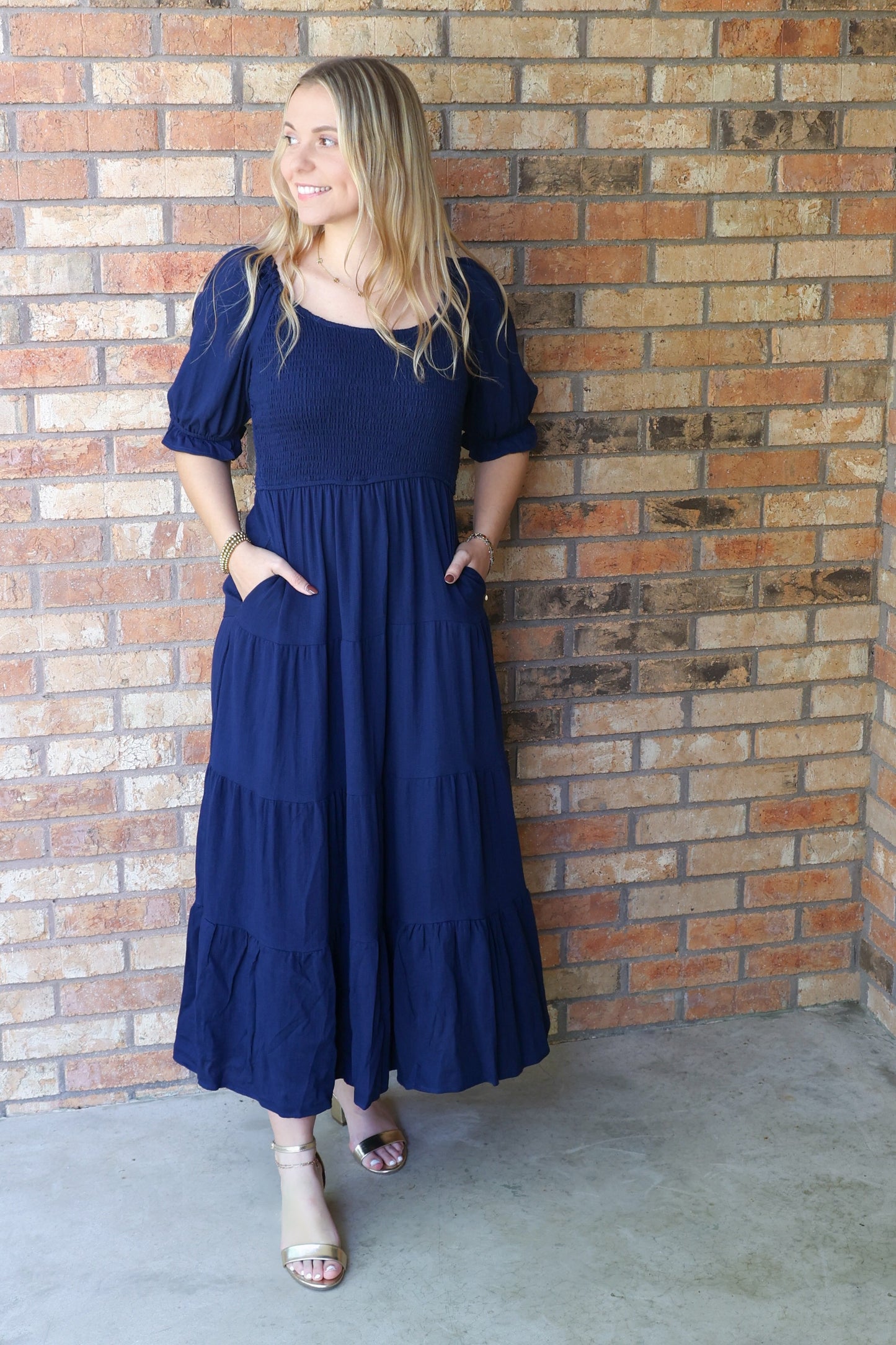 Jolene Smocked Tiered Maxi Dress, Classic Navy