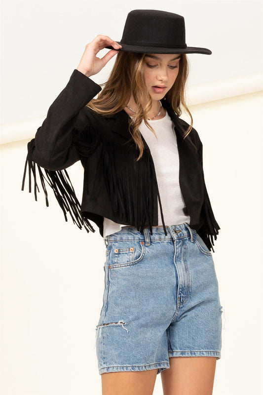 On The Fringe Cropped Suede Jacket, Black