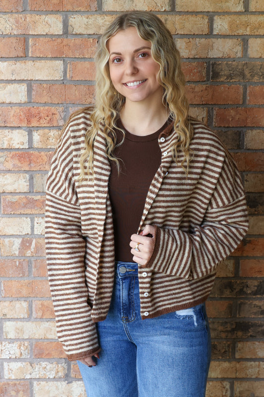 Mini Striped Piper Cardigan, Brown