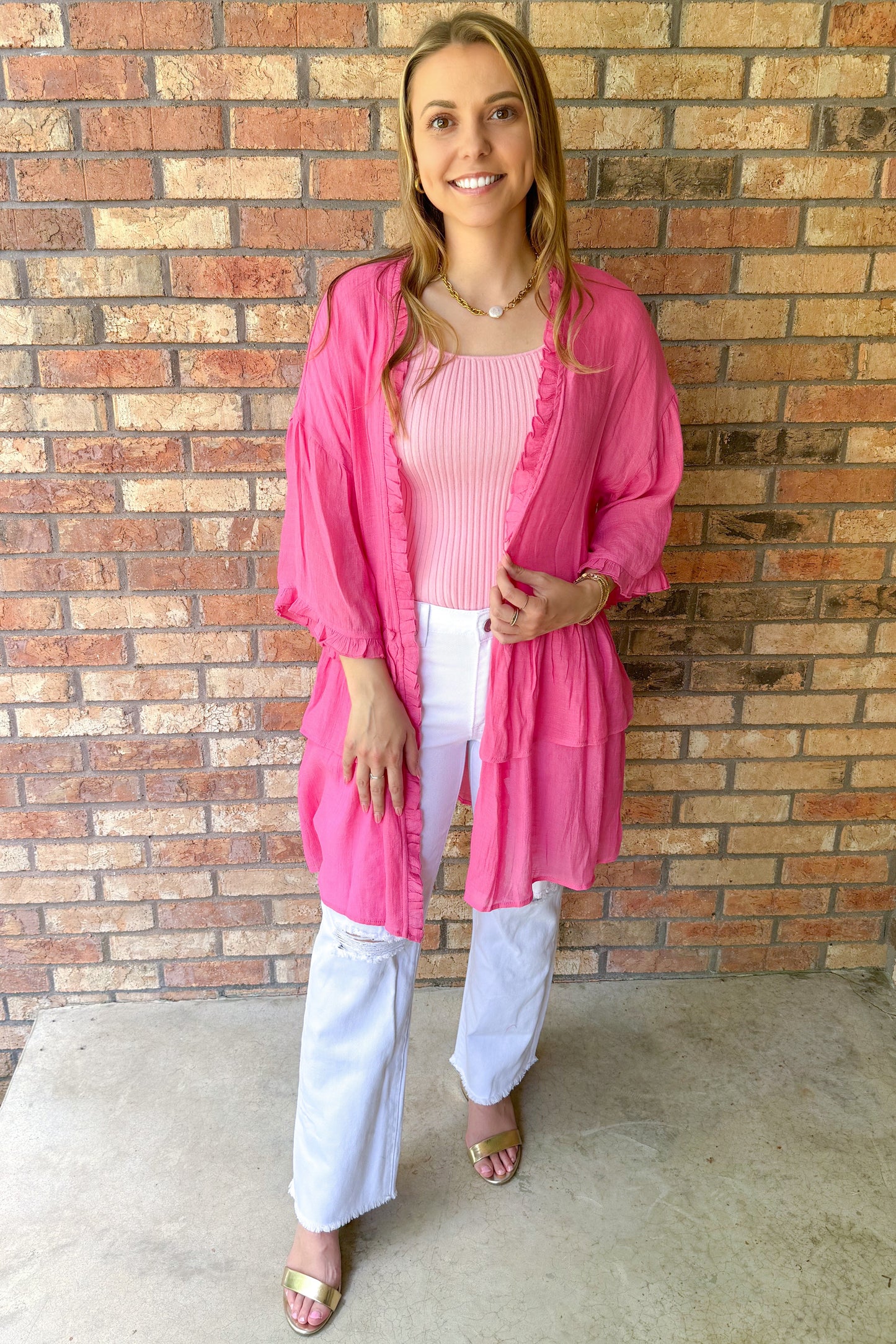 Keep you close Semi Sheer Ruffled Cardigan, Barbie Pink