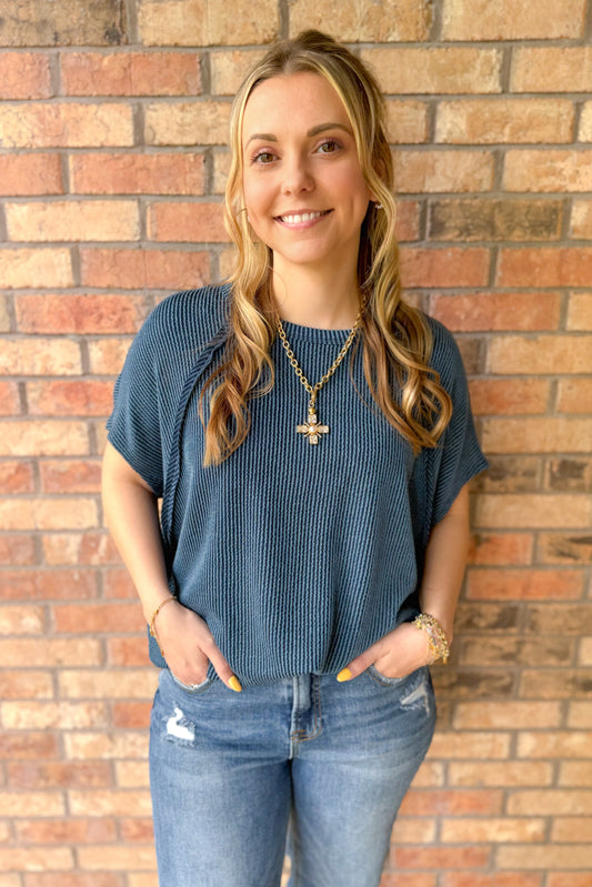 Forget Me Not Rib Knit Poncho Top, Navy