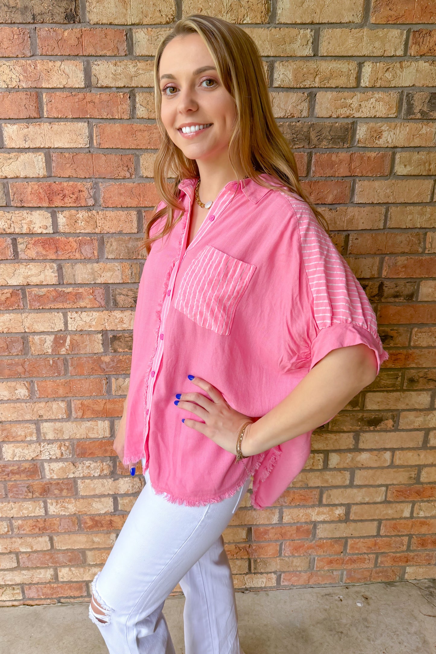 Taking Chances Oversized Button Down Stripped Top, Bubblegum