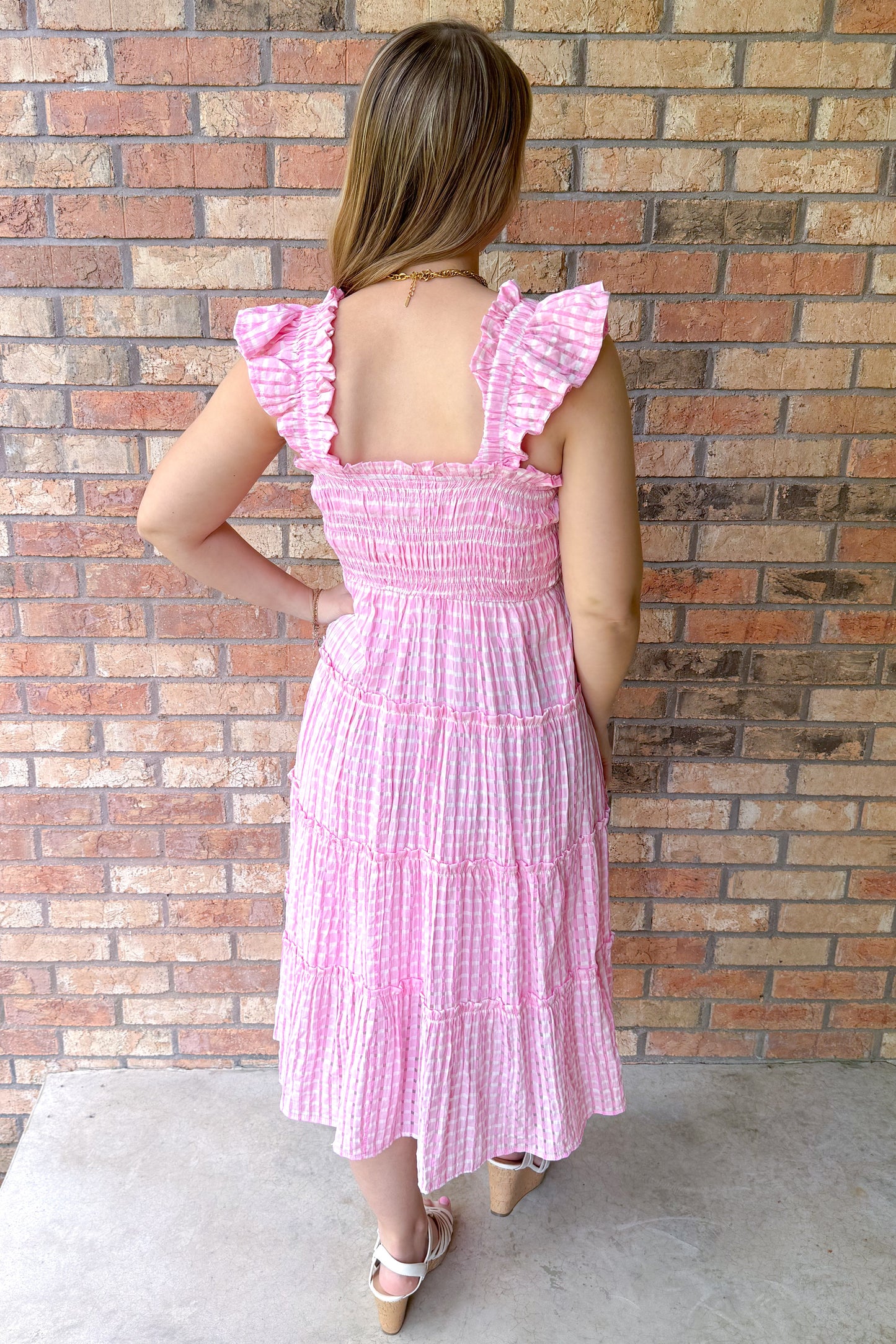 Leading Lady Checkered Seersucker Dress, Pink