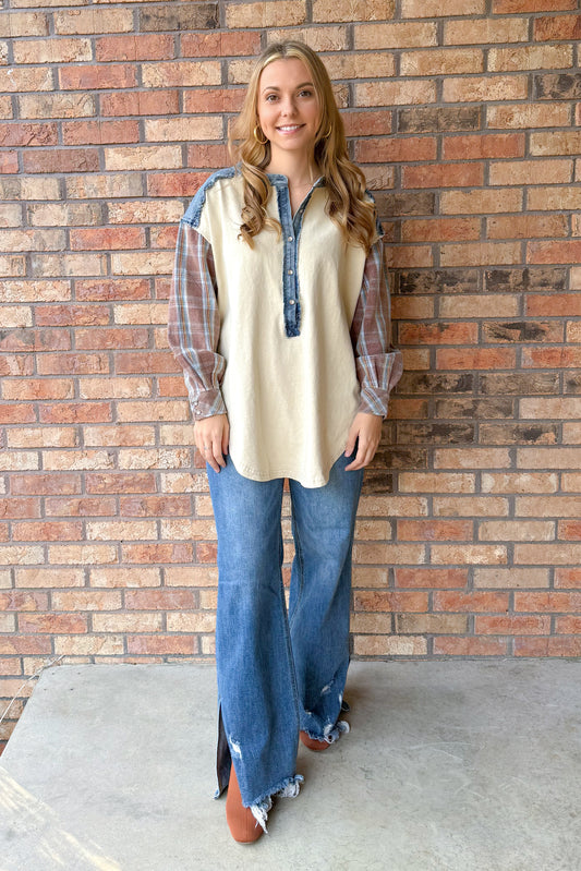 Rustic Charm Vintage Washed Contrast Henley, Burgundy/Chambray