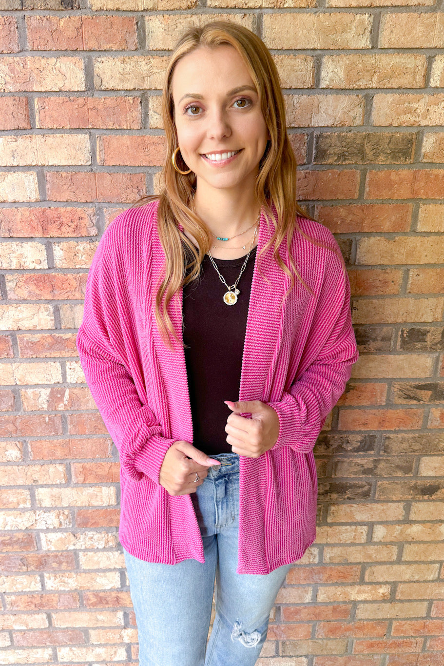 Road Less Traveled Ribbed Crop Cardigan, Fuchsia