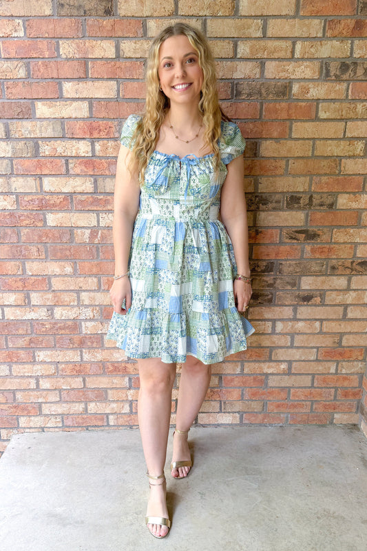 Backyard Bliss Patchwork Print Mini Dress, Cornflower Multi