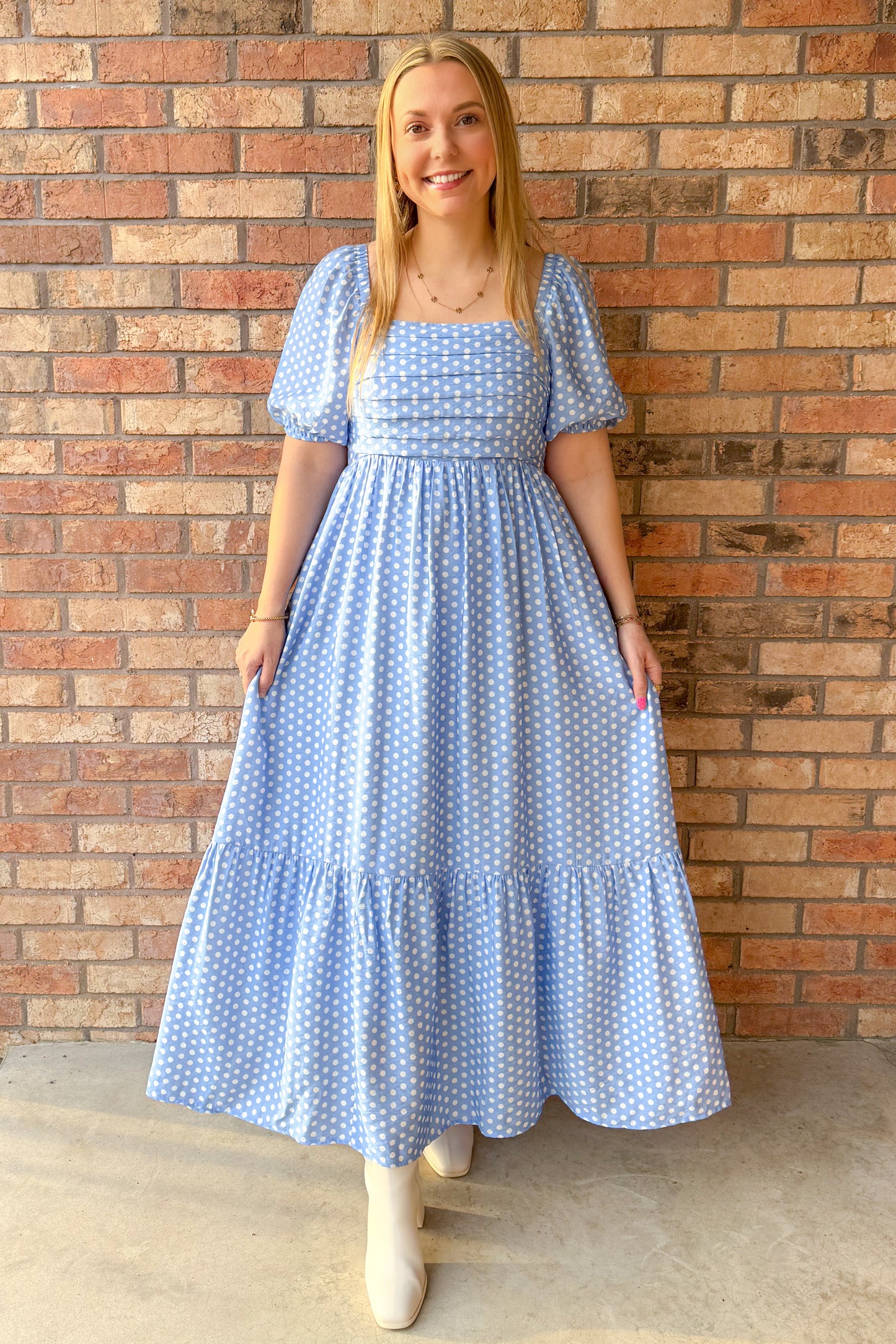 Just Say Yes Pleated Polka Dot Maxi Dress, Blue