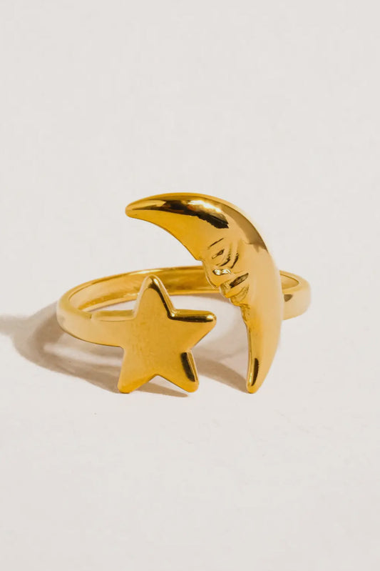 Star and Moon 18K Gold Plated Stainless Steel Ring, Gold
