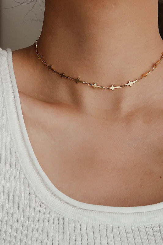 Cross Choker 18K Gold Plated Stainless Steel Necklace, Gold