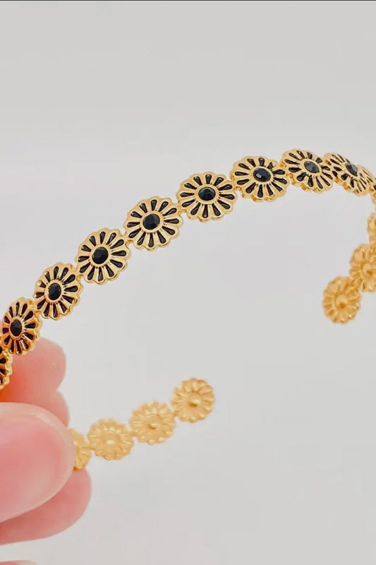 Wren Black Enamel Flower 18K Gold Plated Stainless Steel Cuff, Gold