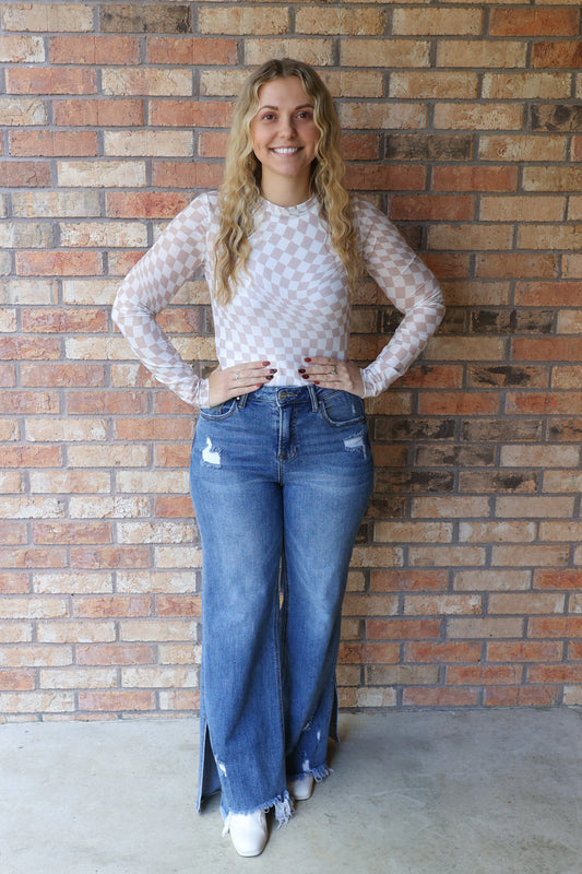 Cool Confidence Checkered Mesh Mock Neck Top, Khaki