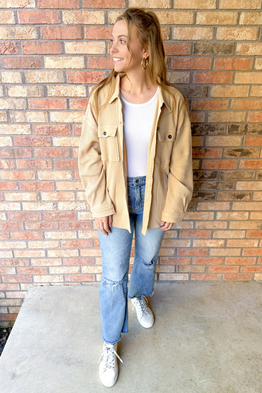 Thinking It Over Oversized Waffle Shacket, Taupe