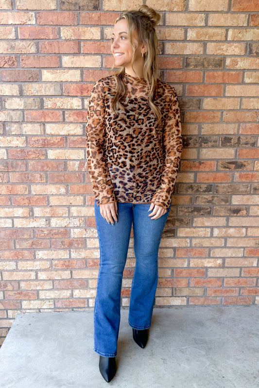 Slay Everyday Animal Print Mesh Mock Neck Top