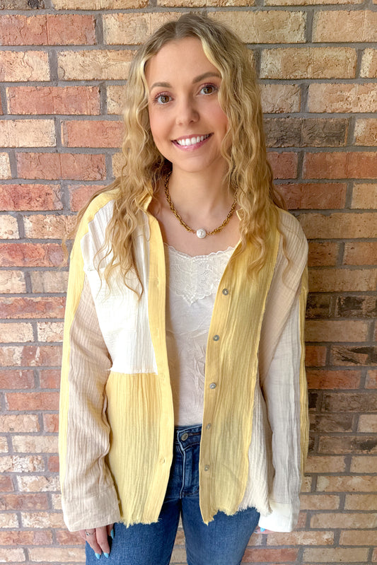Overcome With Joy Color Blocked Button Down Shirt, Yellow Mix