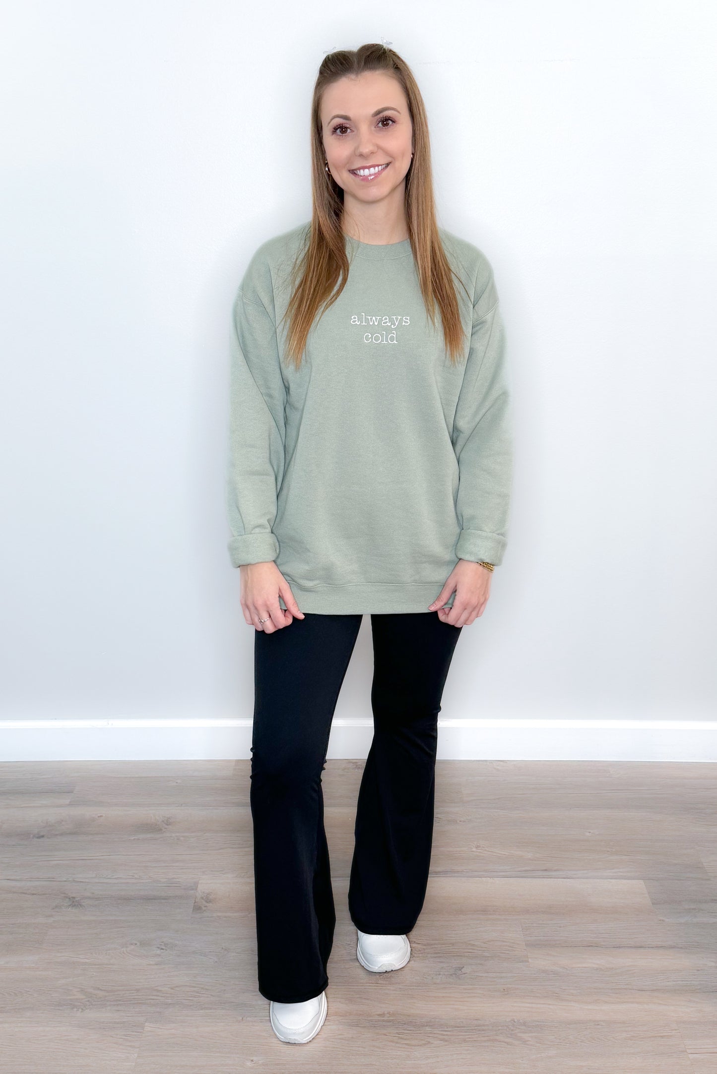 Always Cold Embroidered Crewneck Sweatshirt, Stonewash Green