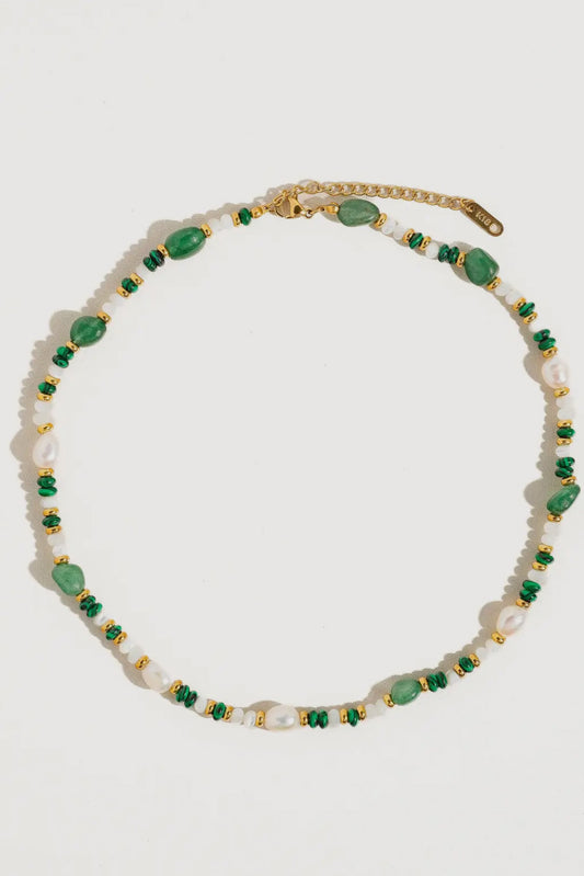 Palmer Pearl and Bead 18K Gold Plated Stainless Steel Necklace, Fern Green