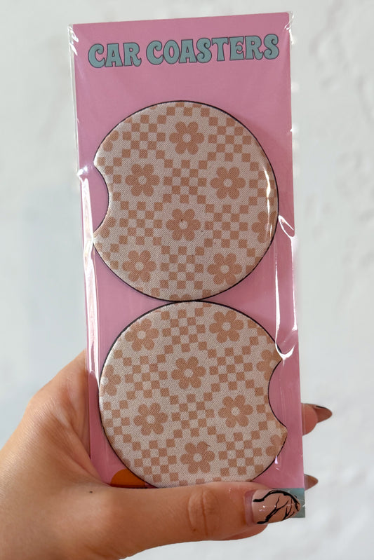 Neutral Checkered Daisy Pattern Car Coasters