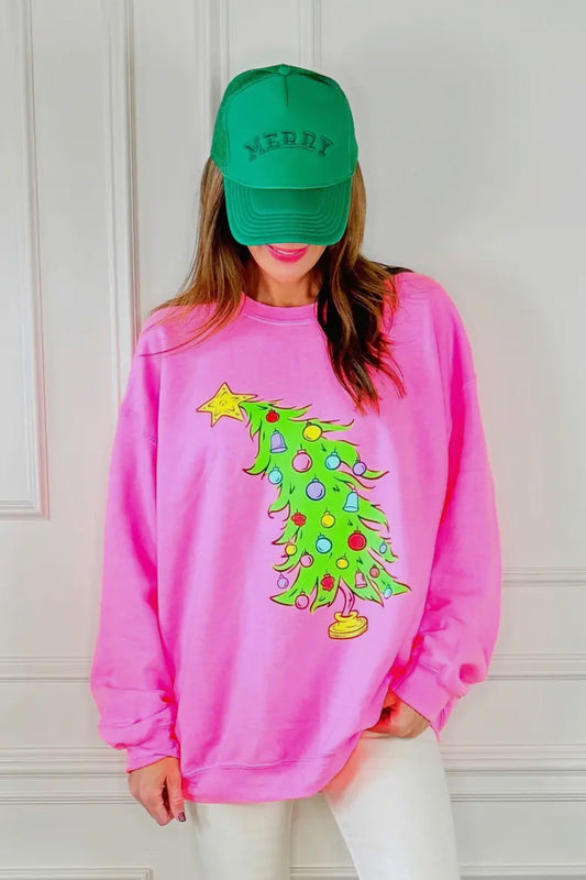 Whimsical Christmas Tree Crewneck, Neon Pink